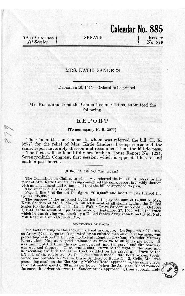 Memorandum from Frederick J. Bailey to M. C. Latta, H.R. 3277, For the Relief of Mrs. Katie Sanders, with Attachments