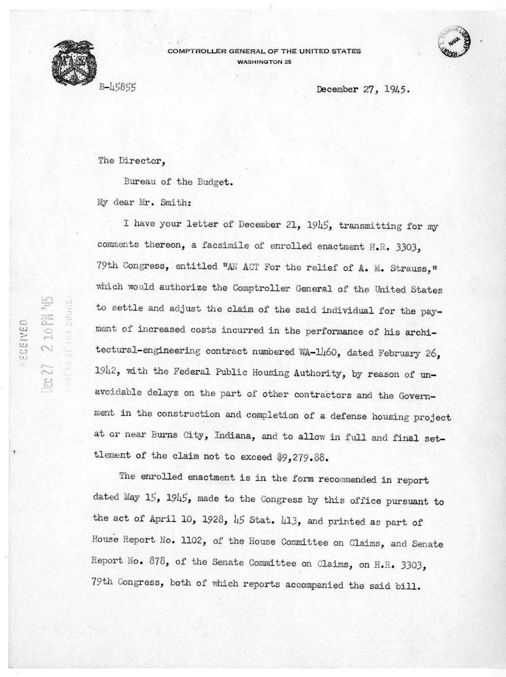 Memorandum from Harold D. Smith to M. C. Latta, H.R. 3303, For the Relief of A. M. Strauss, with Attachments