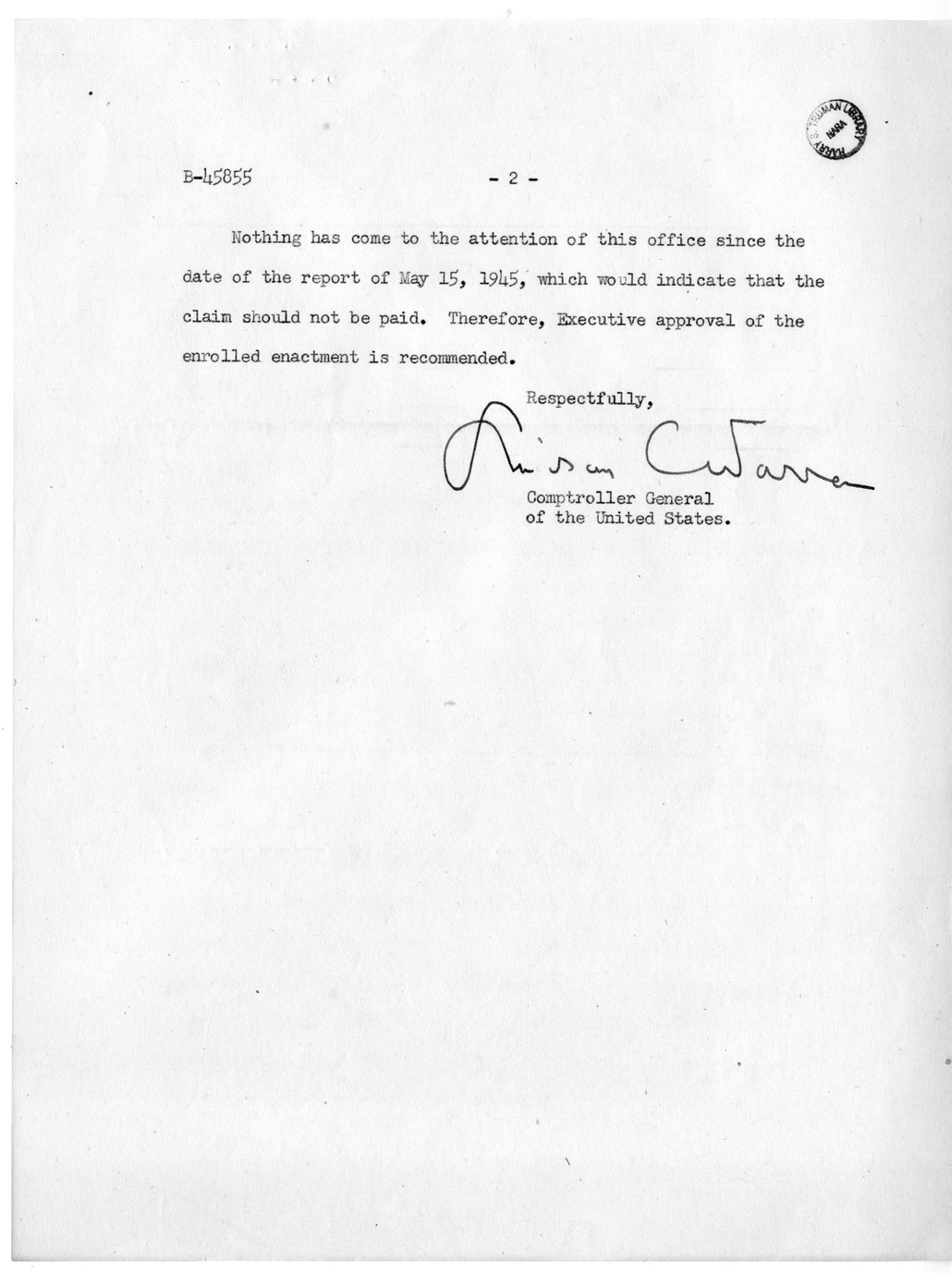 Memorandum from Harold D. Smith to M. C. Latta, H.R. 3303, For the Relief of A. M. Strauss, with Attachments