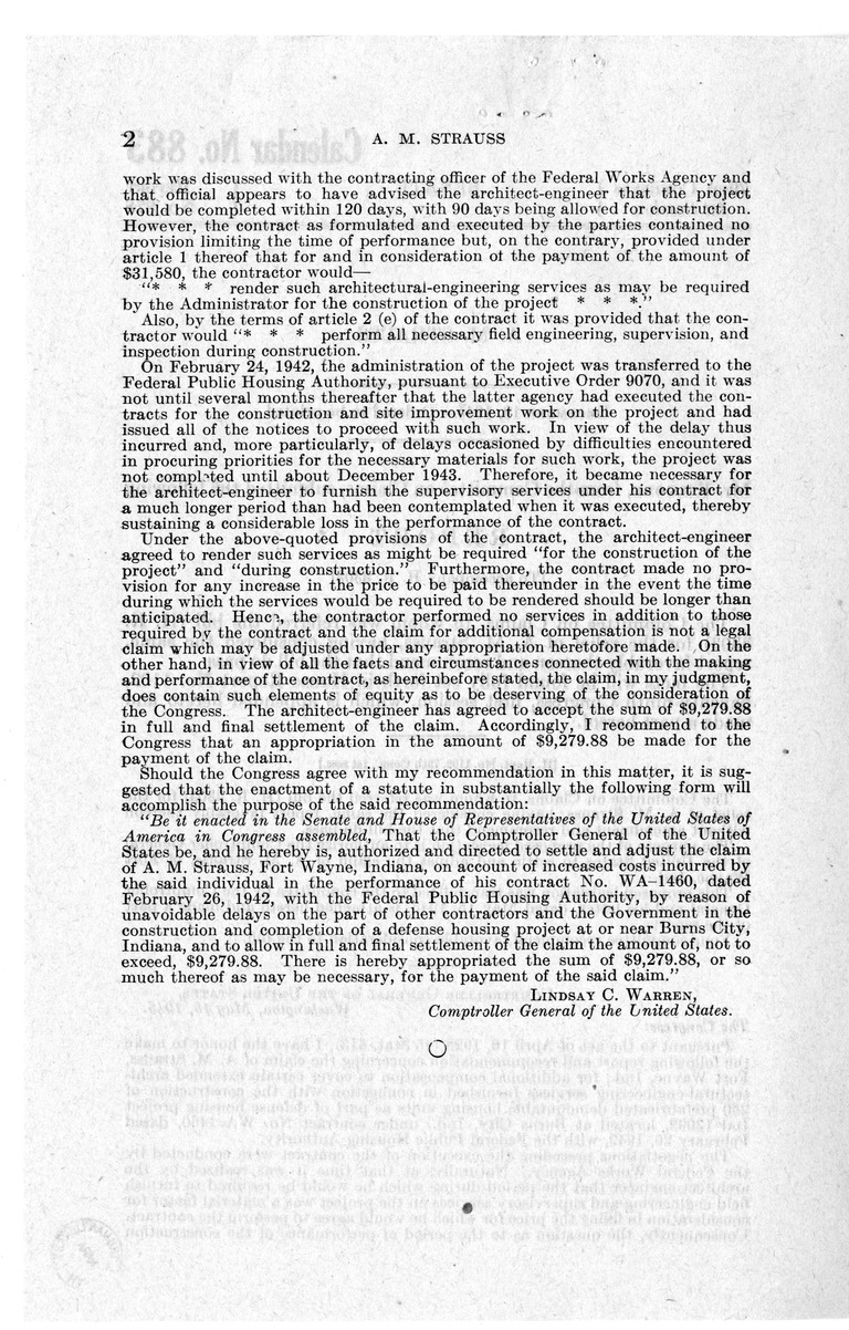 Memorandum from Harold D. Smith to M. C. Latta, H.R. 3303, For the Relief of A. M. Strauss, with Attachments