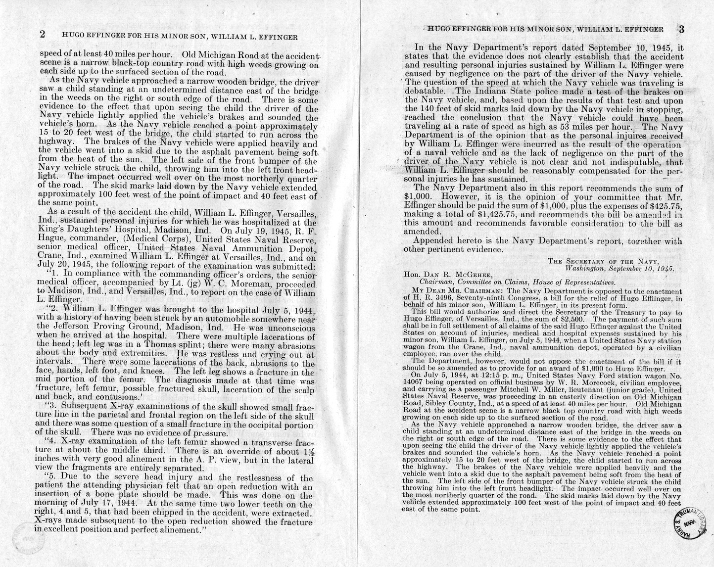 Memorandum from Frederick J. Bailey to M. C. Latta, H.R. 3496, For the Relief of Hugo Effinger, in behalf of his minor son, William L. Effinger, with Attachments