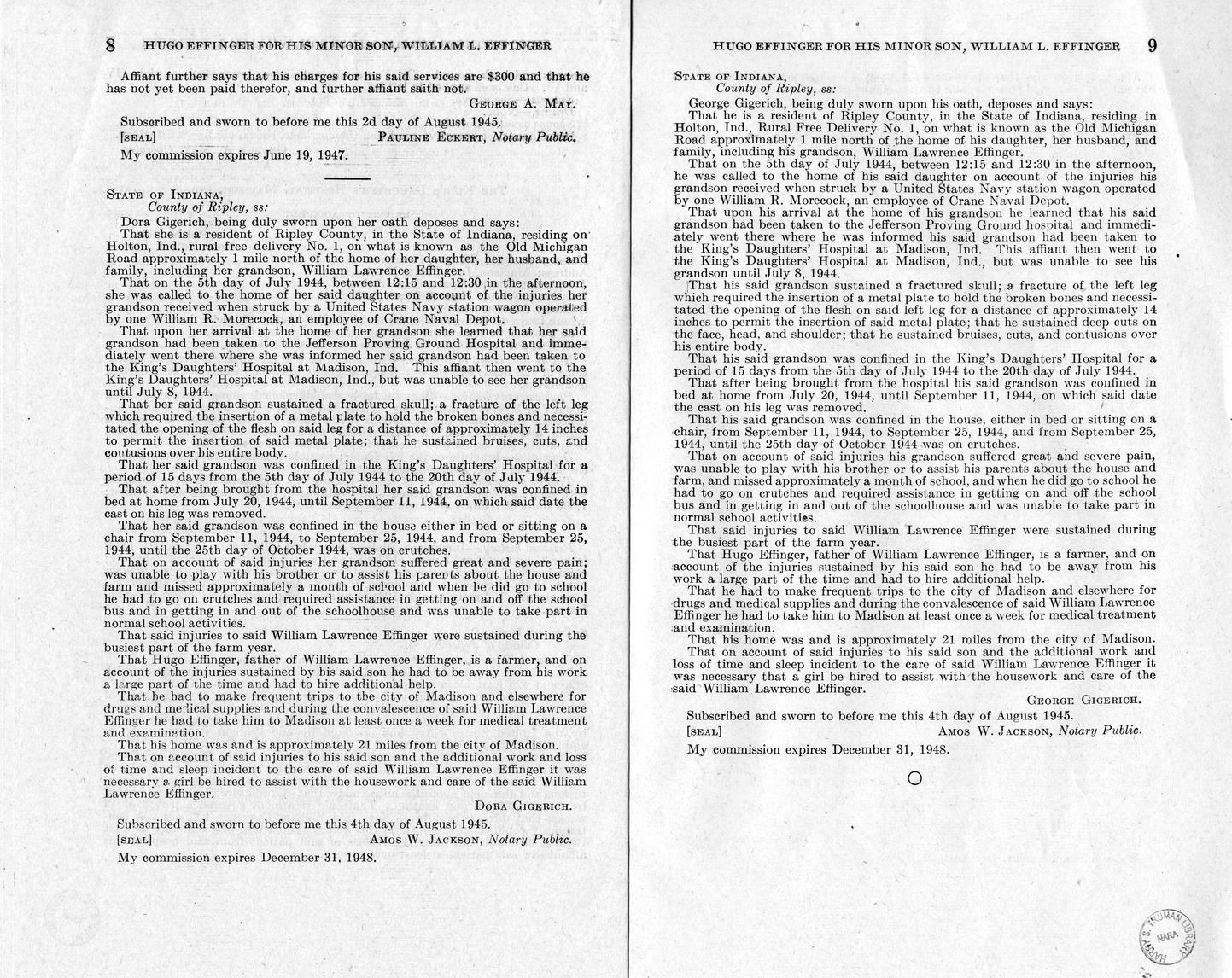 Memorandum from Frederick J. Bailey to M. C. Latta, H.R. 3496, For the Relief of Hugo Effinger, in behalf of his minor son, William L. Effinger, with Attachments