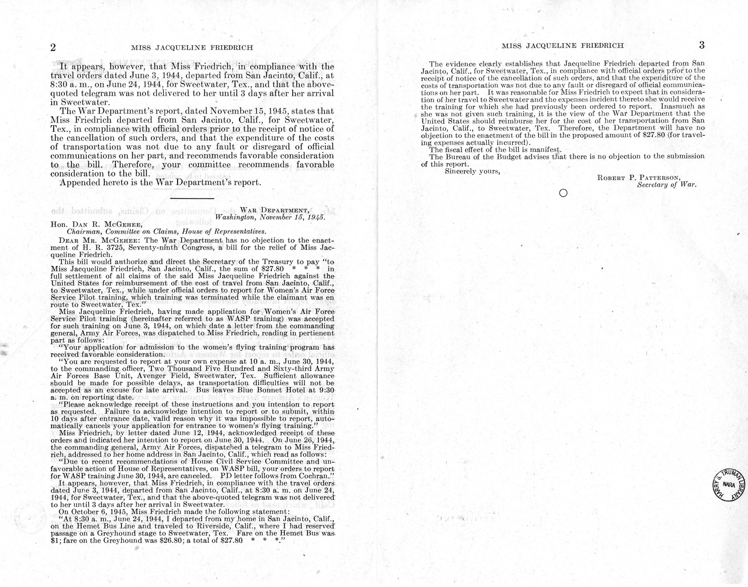 Memorandum from Frederick J. Bailey to M. C. Latta, H.R. 3725, For the Relief of Miss Jacqueline Friedrich, with Attachments
