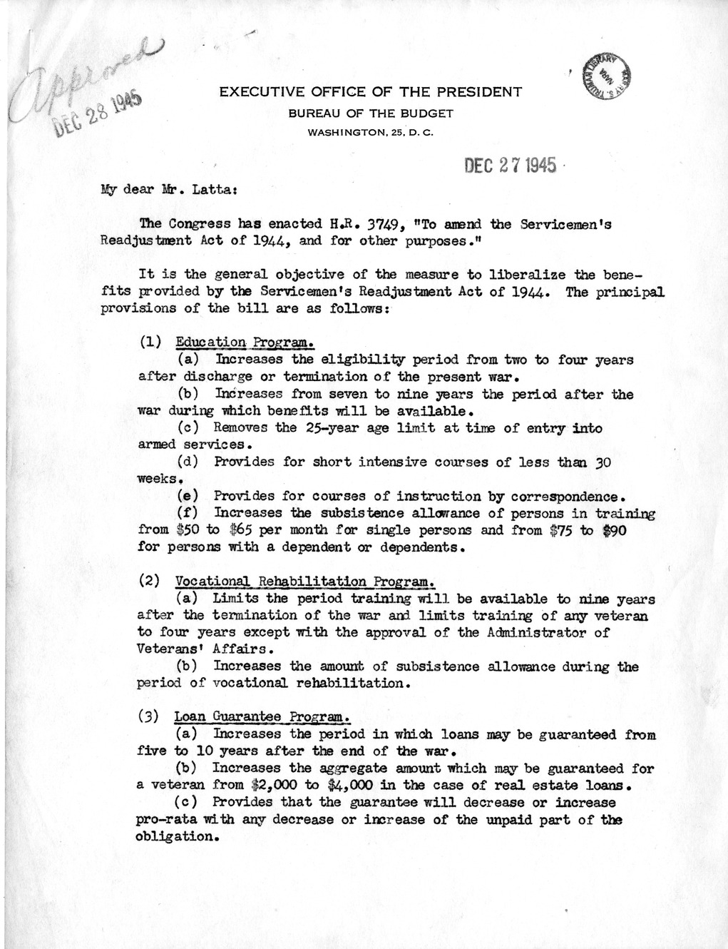 Memorandum from Harold D. Smith to M. C. Latta, H.R. 3749, To Amend the Servicemen's Readjustment Act of 1944, and for Other Purposes, with Attachments