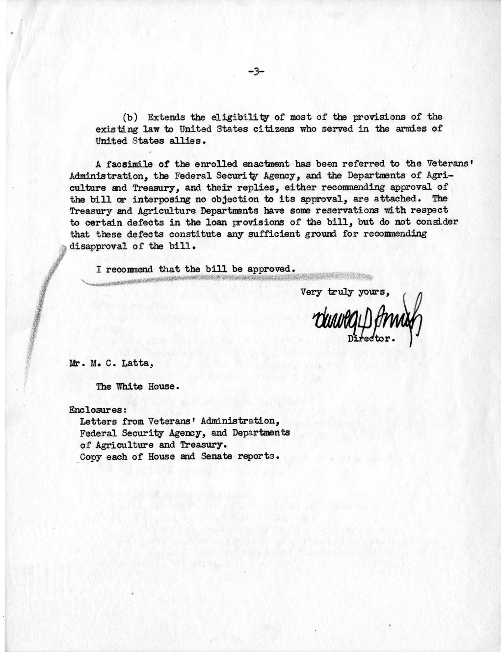 Memorandum from Harold D. Smith to M. C. Latta, H.R. 3749, To Amend the Servicemen's Readjustment Act of 1944, and for Other Purposes, with Attachments
