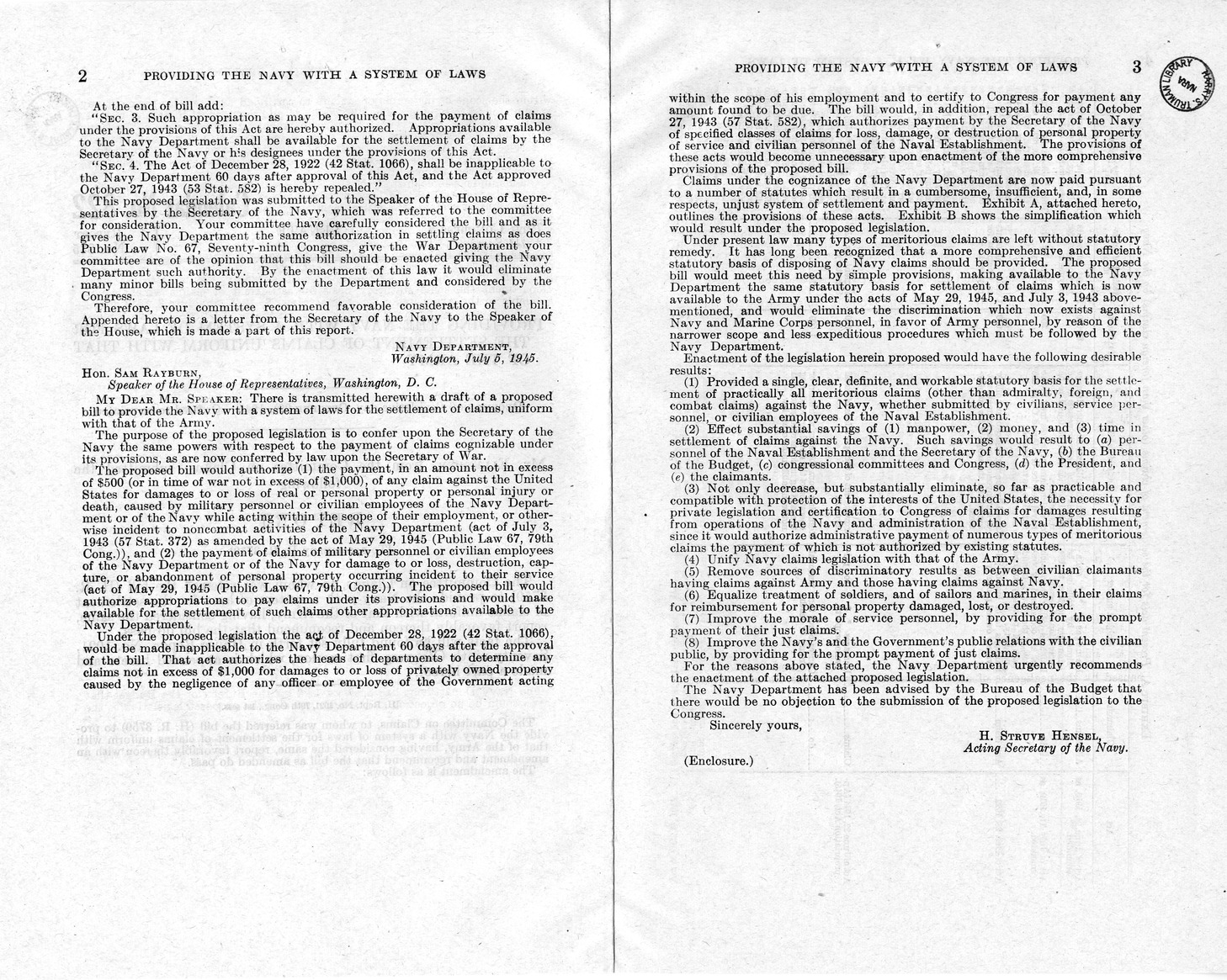 Memorandum from Frederick J. Bailey to M. C. Latta, H.R. 3759, To Provide the Navy with a System of Laws for the Settlement of Claims Uniform with That of the Army, with Attachments