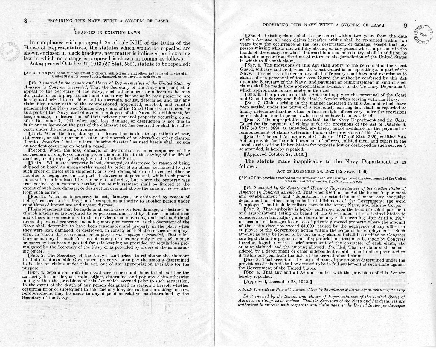 Memorandum from Frederick J. Bailey to M. C. Latta, H.R. 3759, To Provide the Navy with a System of Laws for the Settlement of Claims Uniform with That of the Army, with Attachments