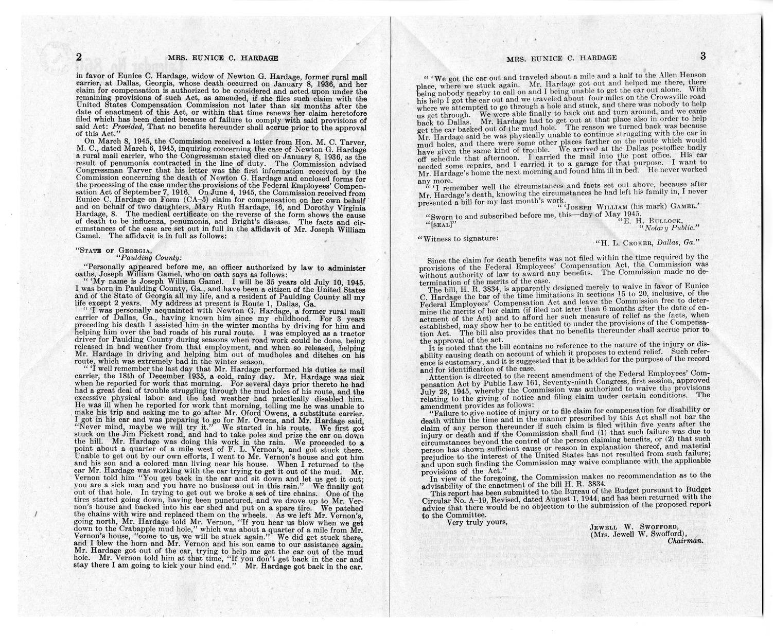 Memorandum from Frederick J. Bailey to M. C. Latta, H.R. 3834, For the Relief of Mrs. Eunice C. Hardage, with Attachments