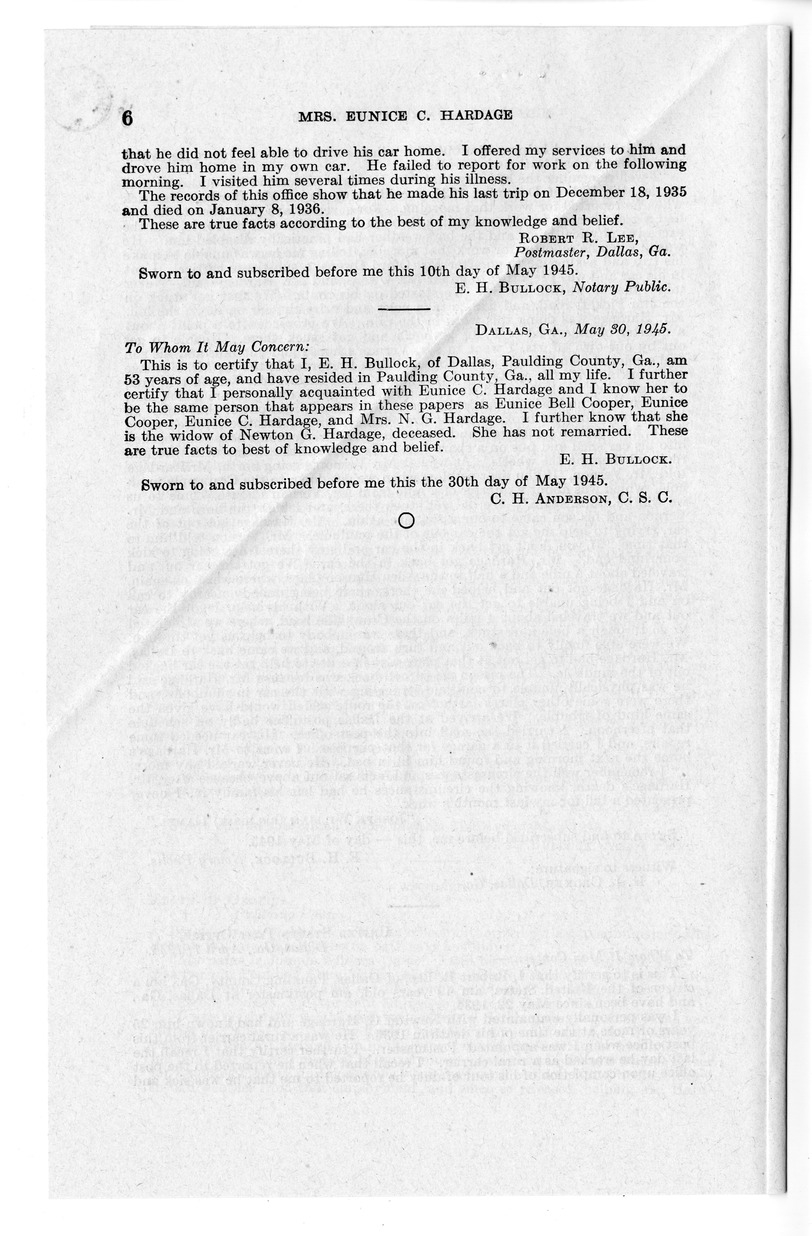 Memorandum from Frederick J. Bailey to M. C. Latta, H.R. 3834, For the Relief of Mrs. Eunice C. Hardage, with Attachments