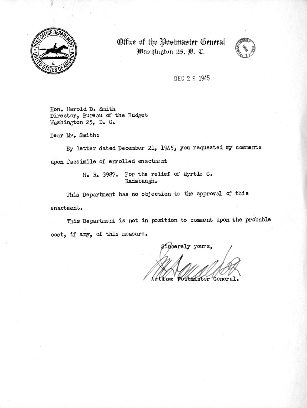 Memorandum from Frederick J. Bailey to M. C. Latta, H.R. 3987, For the Relief of Myrtle C. Radabaugh, with Attachments