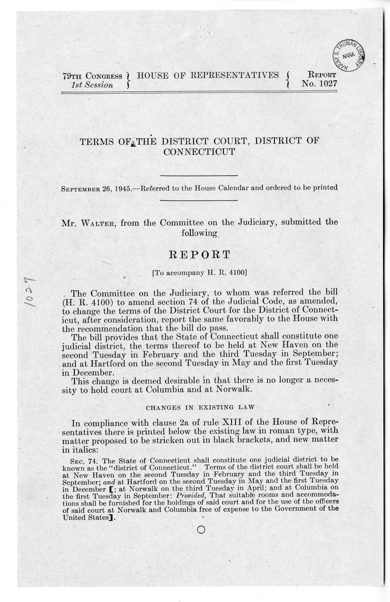 Memorandum from Frederick J. Bailey to M. C. Latta, H.R. 4100, To Amend Section 74 of the Judicial Code, to Change the Terms of the District Court for the District of Connecticut, with Attachments