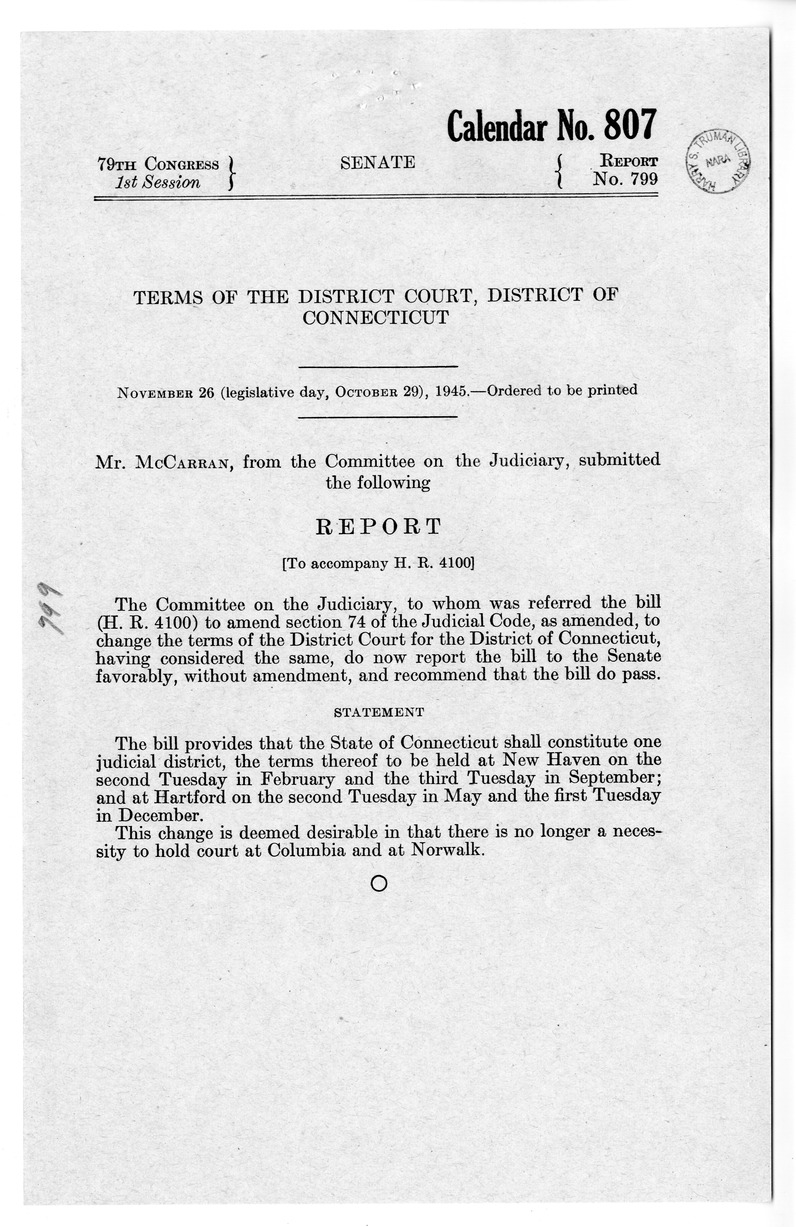 Memorandum from Frederick J. Bailey to M. C. Latta, H.R. 4100, To Amend Section 74 of the Judicial Code, to Change the Terms of the District Court for the District of Connecticut, with Attachments