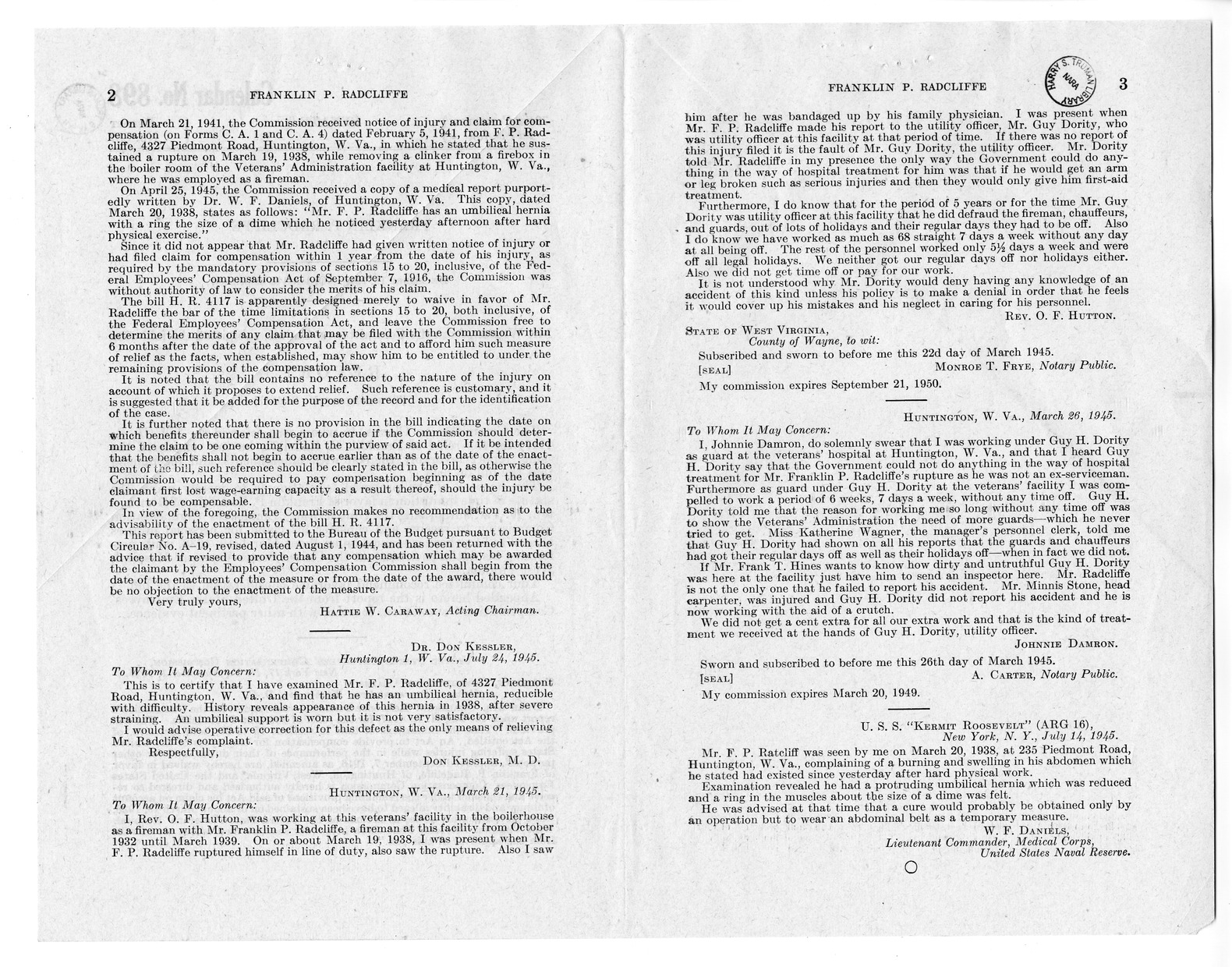 Memorandum from Frederick J. Bailey to M. C. Latta, H.R. 4117, For the Relief of Franklin P. Radcliffe, with Attachments