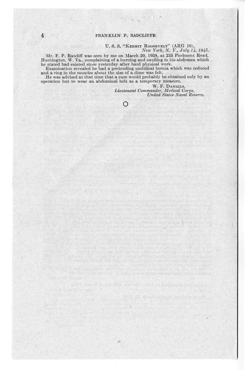 Memorandum from Frederick J. Bailey to M. C. Latta, H.R. 4117, For the Relief of Franklin P. Radcliffe, with Attachments