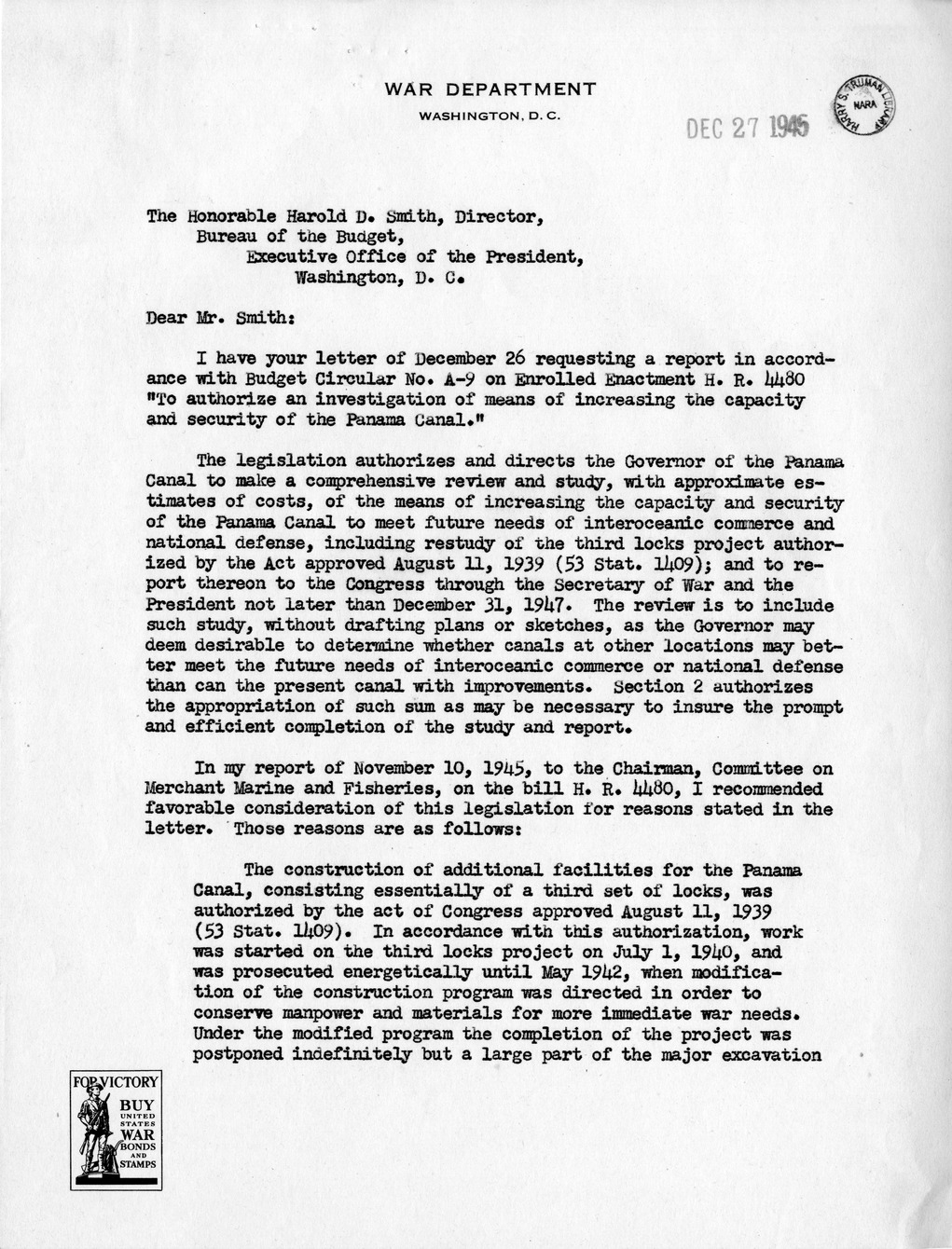 Memorandum from Harold D. Smith to M. C. Latta, H.R. 4480, To Authorize an Investigation of Means of Increasing the Capacity and Security of the Panama Canal, with Attachments