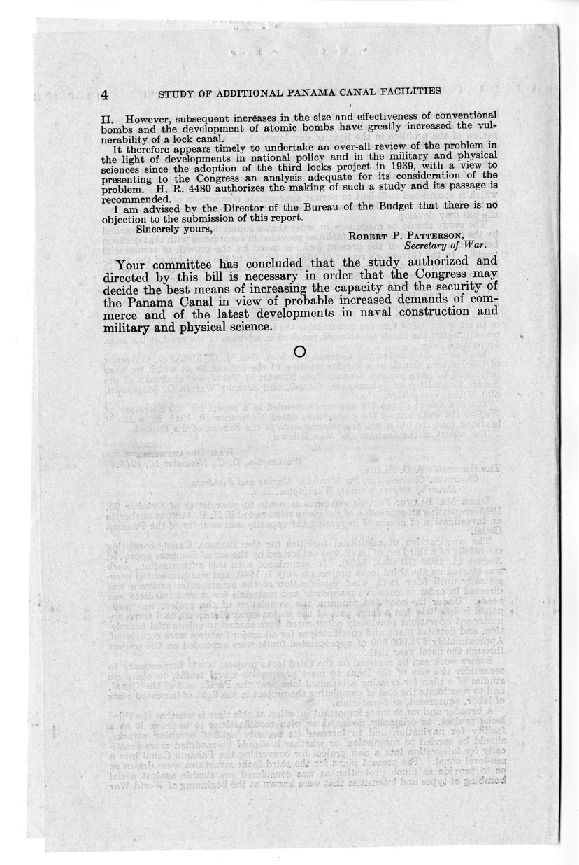Memorandum from Harold D. Smith to M. C. Latta, H.R. 4480, To Authorize an Investigation of Means of Increasing the Capacity and Security of the Panama Canal, with Attachments