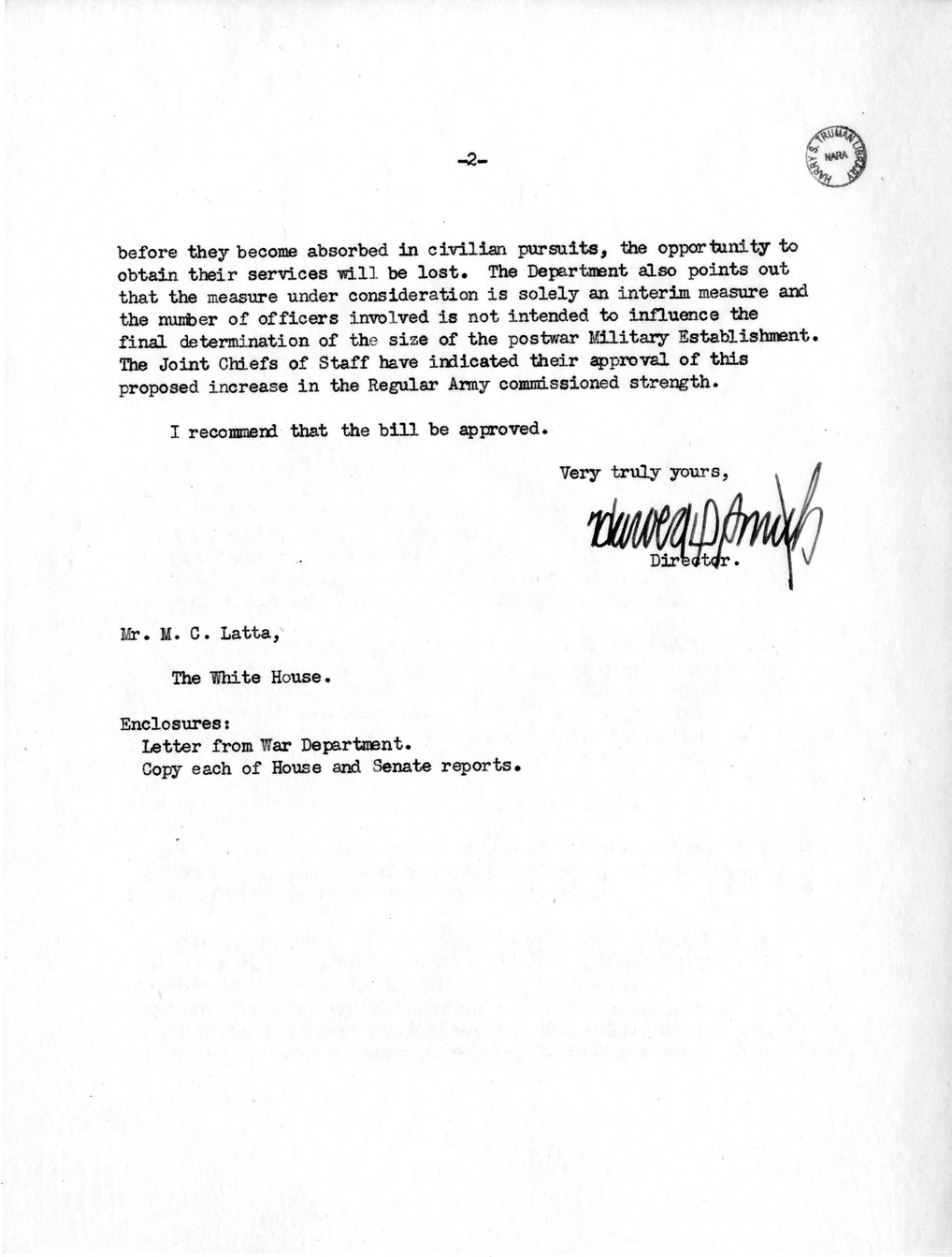 Memorandum from Harold D. Smith to M. C. Latta, H.R. 4587, To Provide for the Appointment of Additional Commissioned Officers in the Regular Army, with Attachments