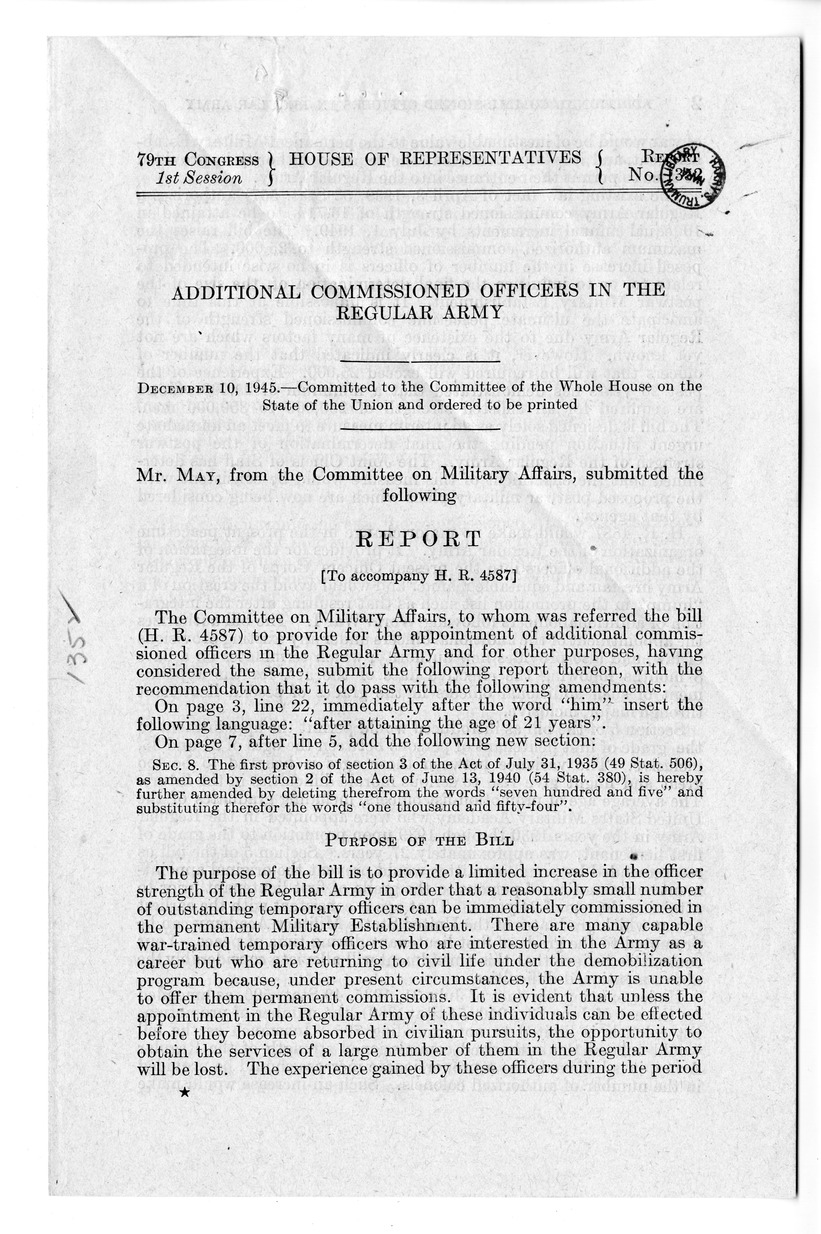 Memorandum from Harold D. Smith to M. C. Latta, H.R. 4587, To Provide for the Appointment of Additional Commissioned Officers in the Regular Army, with Attachments