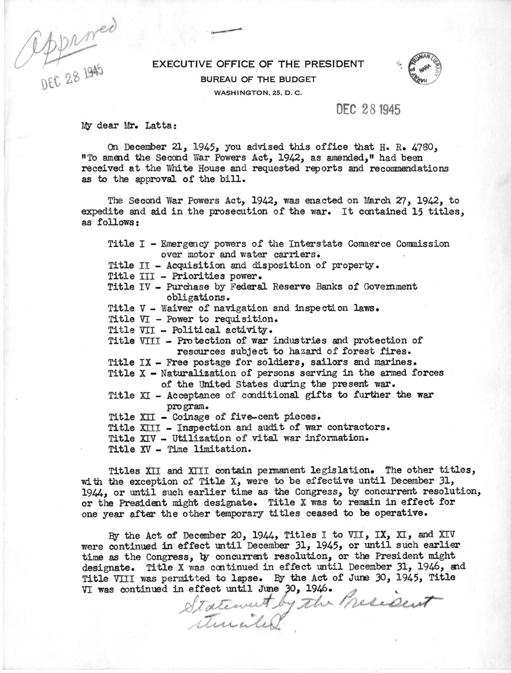 Memorandum from Harold D. Smith to M. C. Latta, H.R. 4780, To Amend the Second War Powers Act, 1942, as Amended, with Attachments