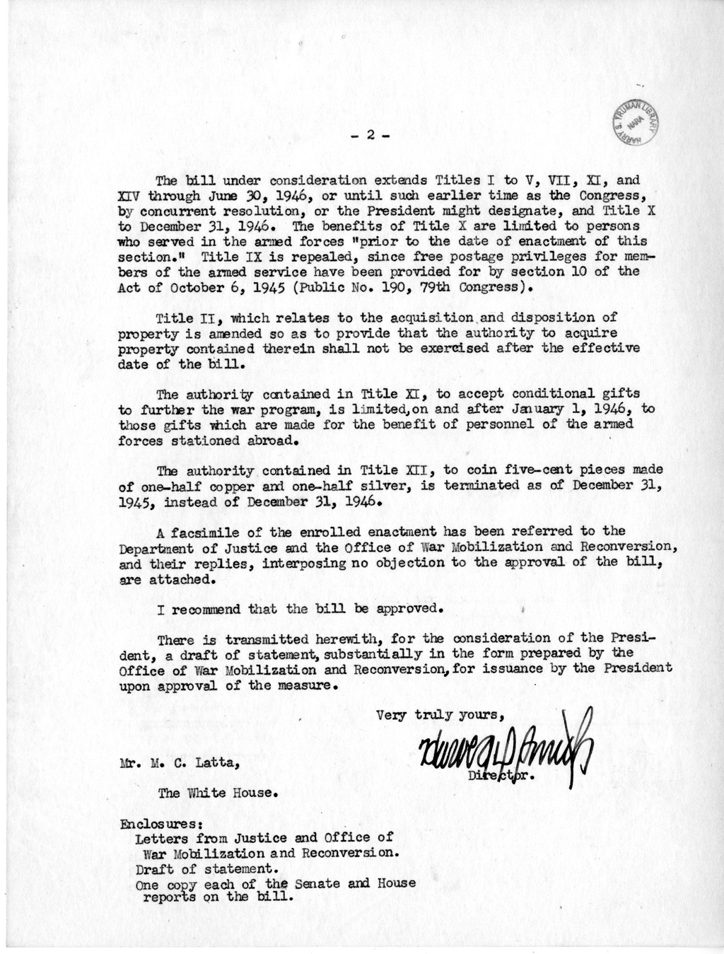 Memorandum from Harold D. Smith to M. C. Latta, H.R. 4780, To Amend the Second War Powers Act, 1942, as Amended, with Attachments