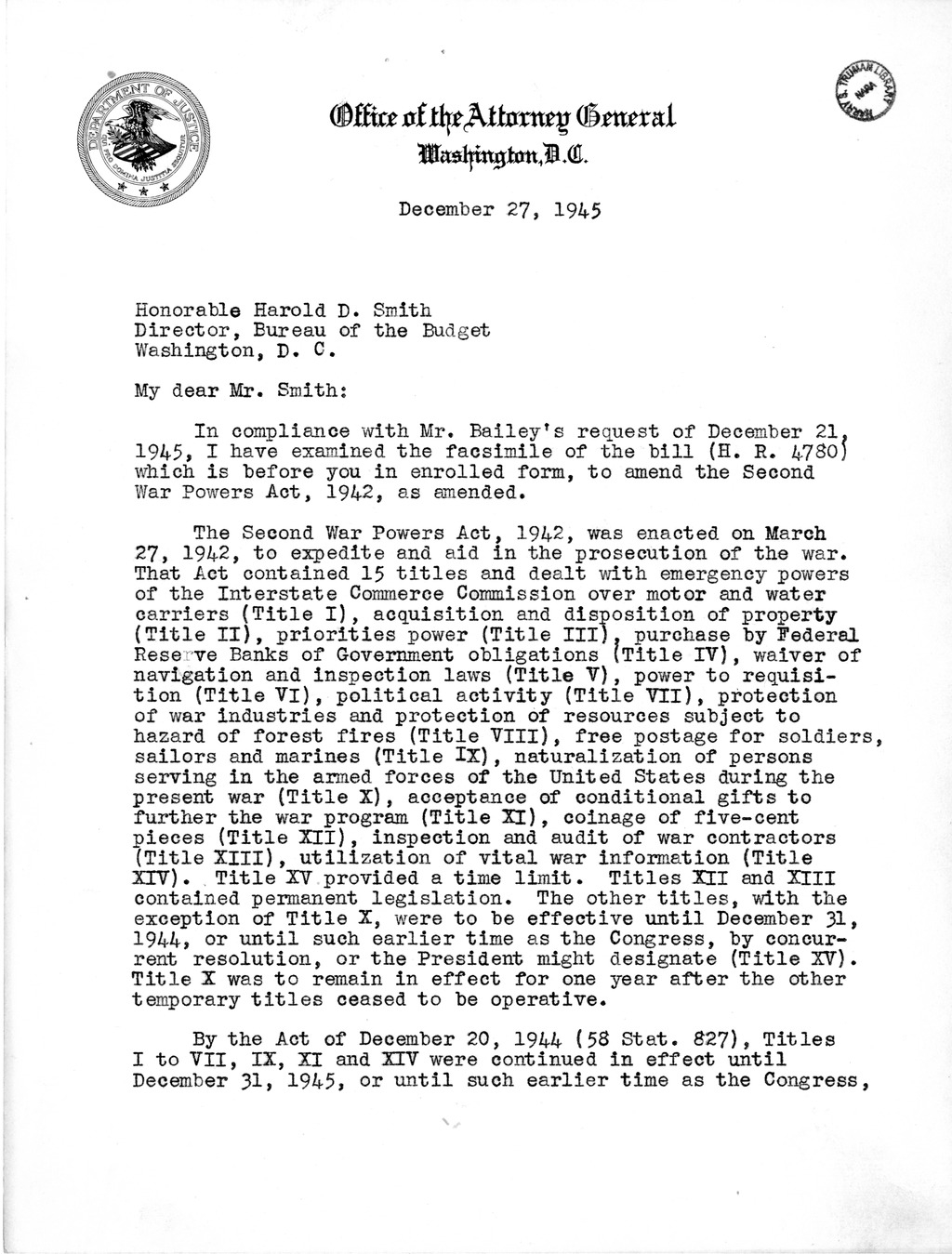 Memorandum from Harold D. Smith to M. C. Latta, H.R. 4780, To Amend the Second War Powers Act, 1942, as Amended, with Attachments