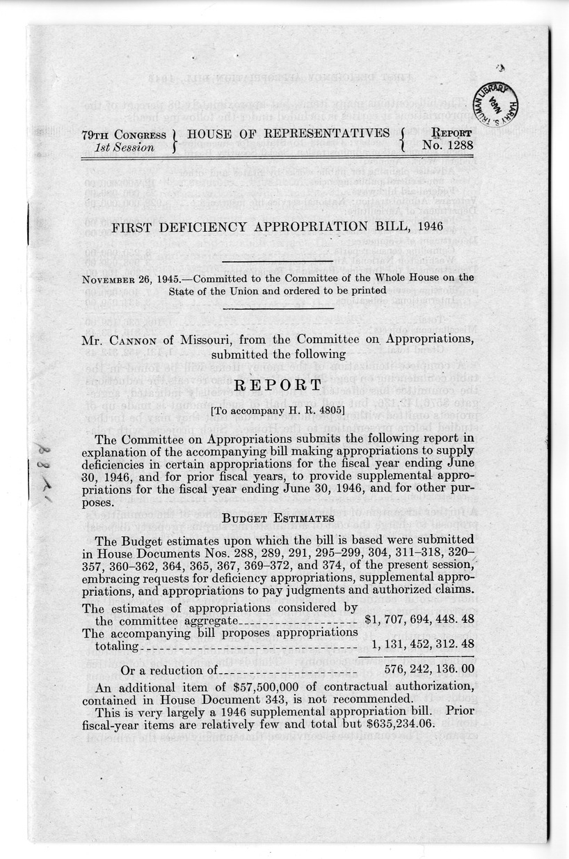 Memorandum from Harold D. Smith to M. C. Latta, H.R. 4805, Making Appropriations to Supply Deficiencies in Certain Appropriations for the Fiscal Year Ending June 30, 1946, and for Prior Fiscal Years, to Provide Supplemental Appropriations for the Fiscal Year Ending June 30, 1946, with Attachments