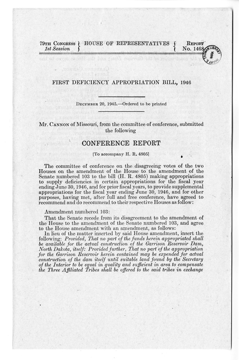 Memorandum from Harold D. Smith to M. C. Latta, H.R. 4805, Making Appropriations to Supply Deficiencies in Certain Appropriations for the Fiscal Year Ending June 30, 1946, and for Prior Fiscal Years, to Provide Supplemental Appropriations for the Fiscal Year Ending June 30, 1946, with Attachments