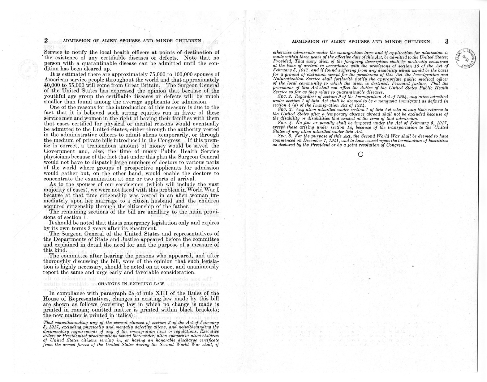 Memorandum from Harold D. Smith to M. C. Latta, H.R. 4857, To Expedite the Admission to the United States of Alien Spouses and Alien Minor Children of Citizen Members of the United States Armed Forces, with Attachments
