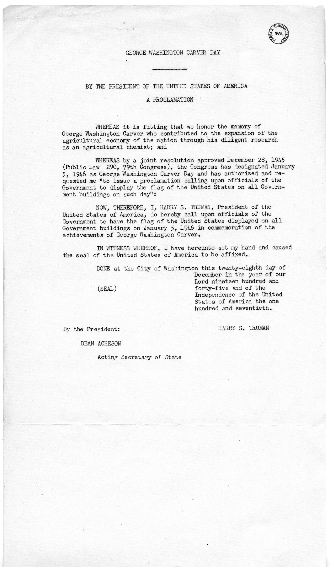 Memorandum from Harold D. Smith to M. C. Latta, H.J. Res. 111, Designating January 5, 1946 as George Washington Carver Day, with Attachments