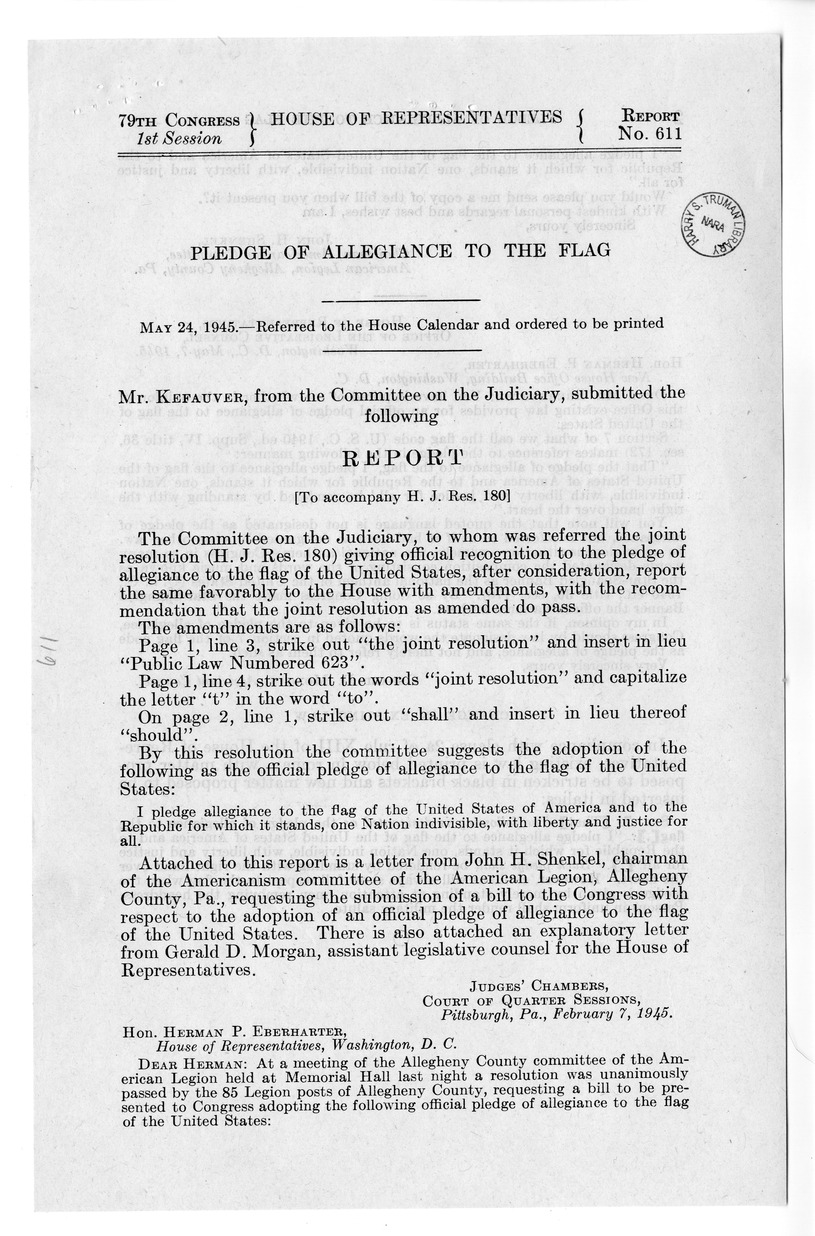 Memorandum from Harold D. Smith to M. C. Latta, H.J. Res. 180, Giving Official Recognition to the Pledge of Allegiance to the Flag of the United States, with Attachments