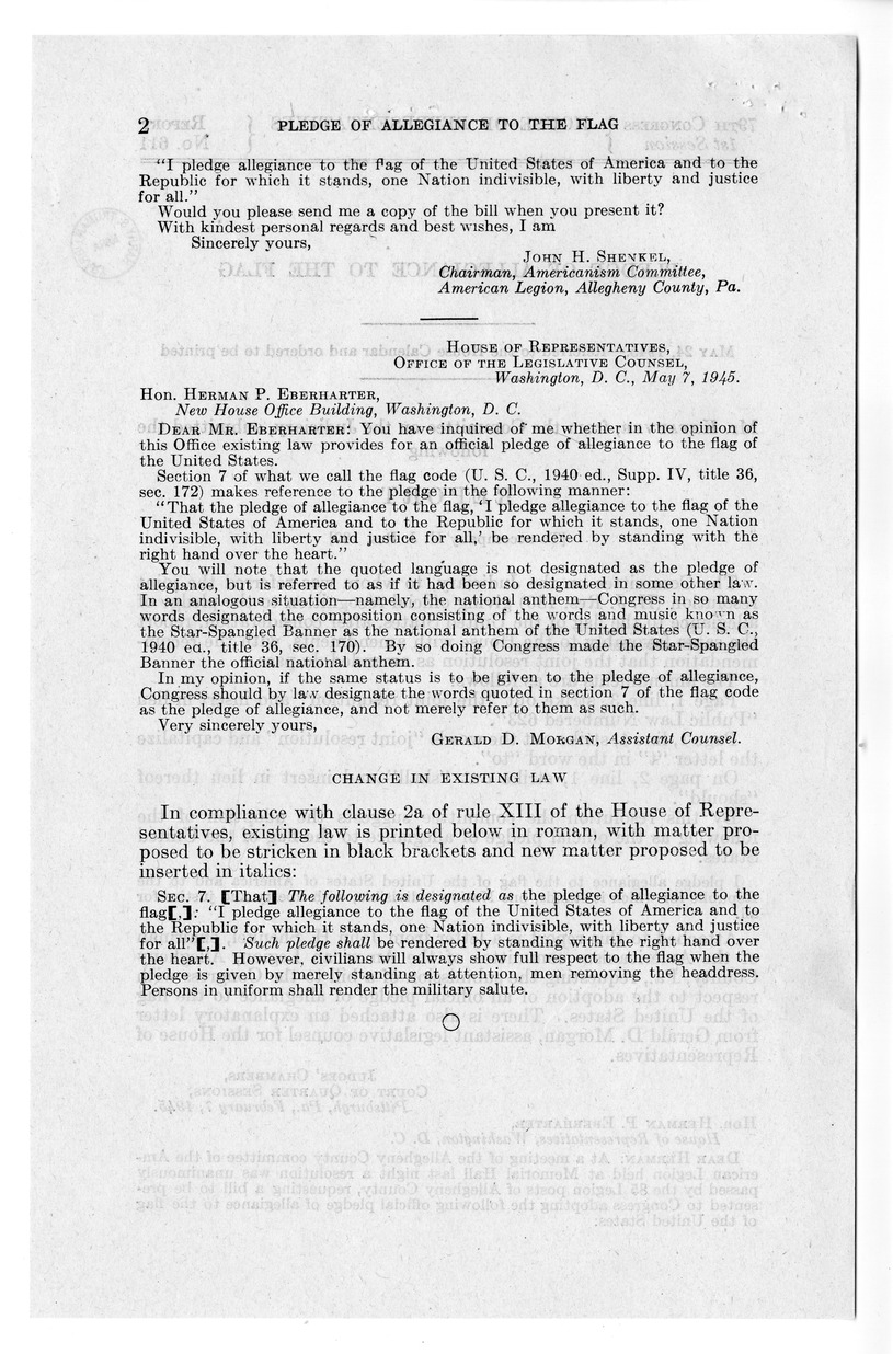 Memorandum from Harold D. Smith to M. C. Latta, H.J. Res. 180, Giving Official Recognition to the Pledge of Allegiance to the Flag of the United States, with Attachments