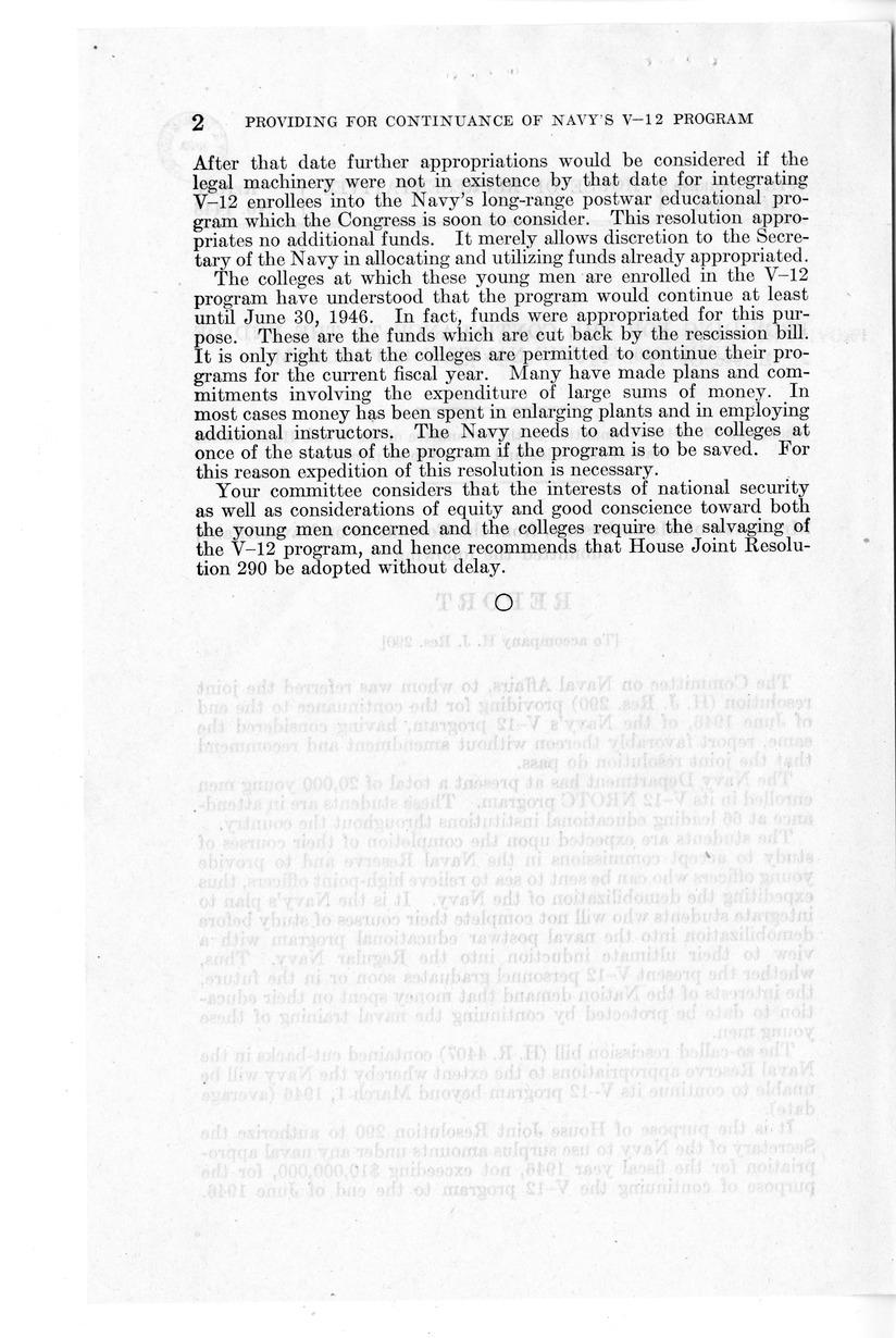 Memorandum from Harold D. Smith to M. C. Latta, H.J. Res. 290, Providing for the Continuance to the End of June 1946, of the Navy's V-12 Program , with Attachments
