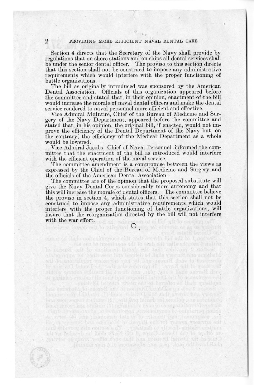Memorandum from Harold D. Smith to M. C. Latta, S. 715, To Provide More Efficient Dental Care for the Personnel of the United States Navy, with Attachments