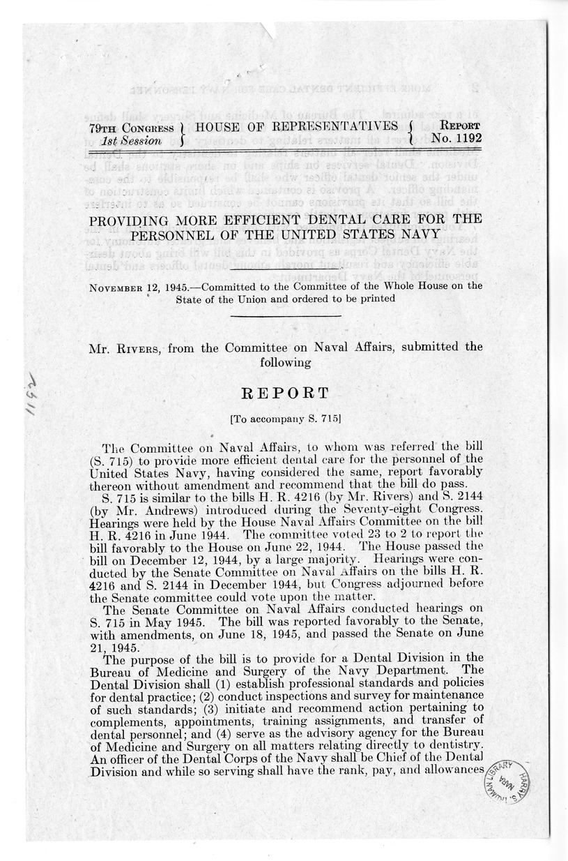 Memorandum from Harold D. Smith to M. C. Latta, S. 715, To Provide More Efficient Dental Care for the Personnel of the United States Navy, with Attachments