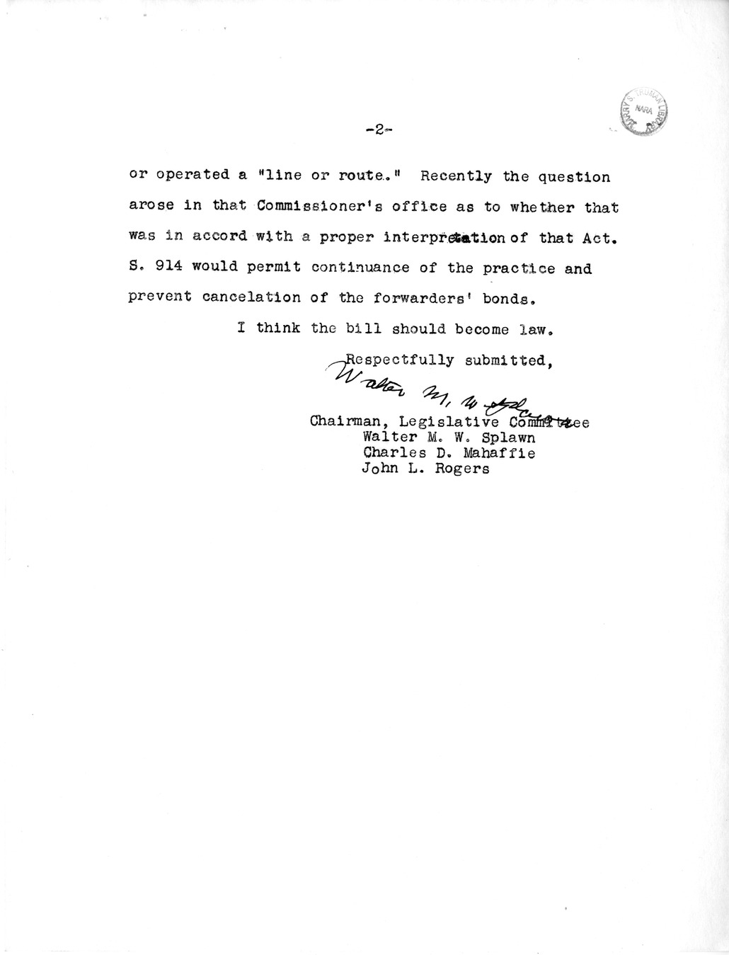 Memorandum from Frederick J. Bailey to M. C. Latta, S. 914, To Amend the Tariff Act of 1930, as Amended, so as to Permit the Designation of Freight forwarders as Carriers of Bonded Merchandise, with Attachments