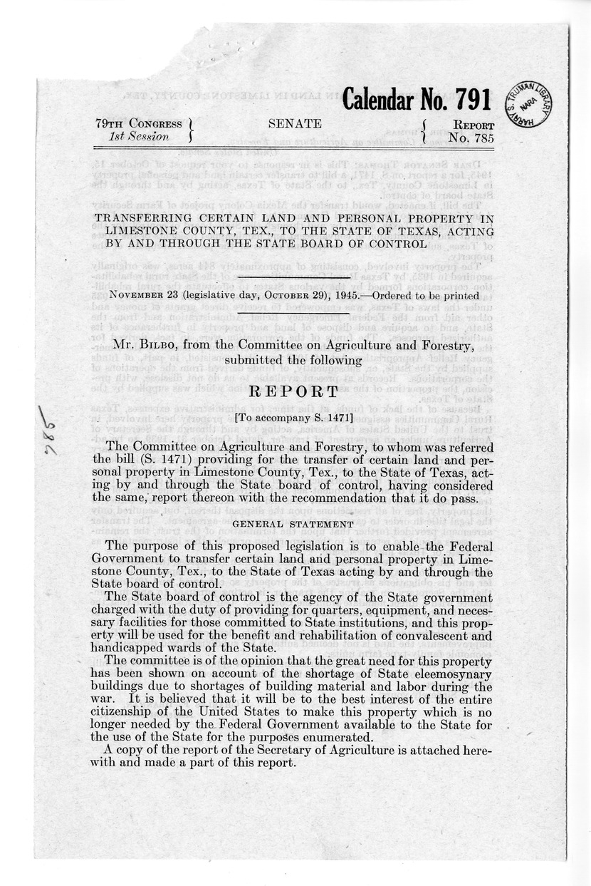 Memorandum from Frederick J. Bailey to M. C. Latta, S. 1471, To Transfer Certain Land and Personal Property in Limestone County, Texas, to the State of Texas, Acting by and Through the State Board of Control, with Attachments