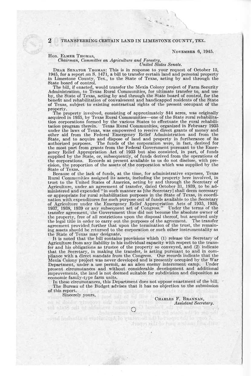 Memorandum from Frederick J. Bailey to M. C. Latta, S. 1471, To Transfer Certain Land and Personal Property in Limestone County, Texas, to the State of Texas, Acting by and Through the State Board of Control, with Attachments