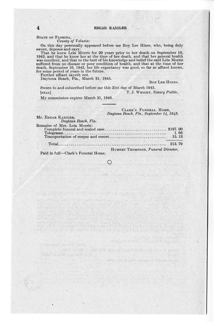 Memorandum from Frederick J. Bailey to M. C. Latta, H.R. 207, For the Relief of Edgar Kaigler, with Attachments