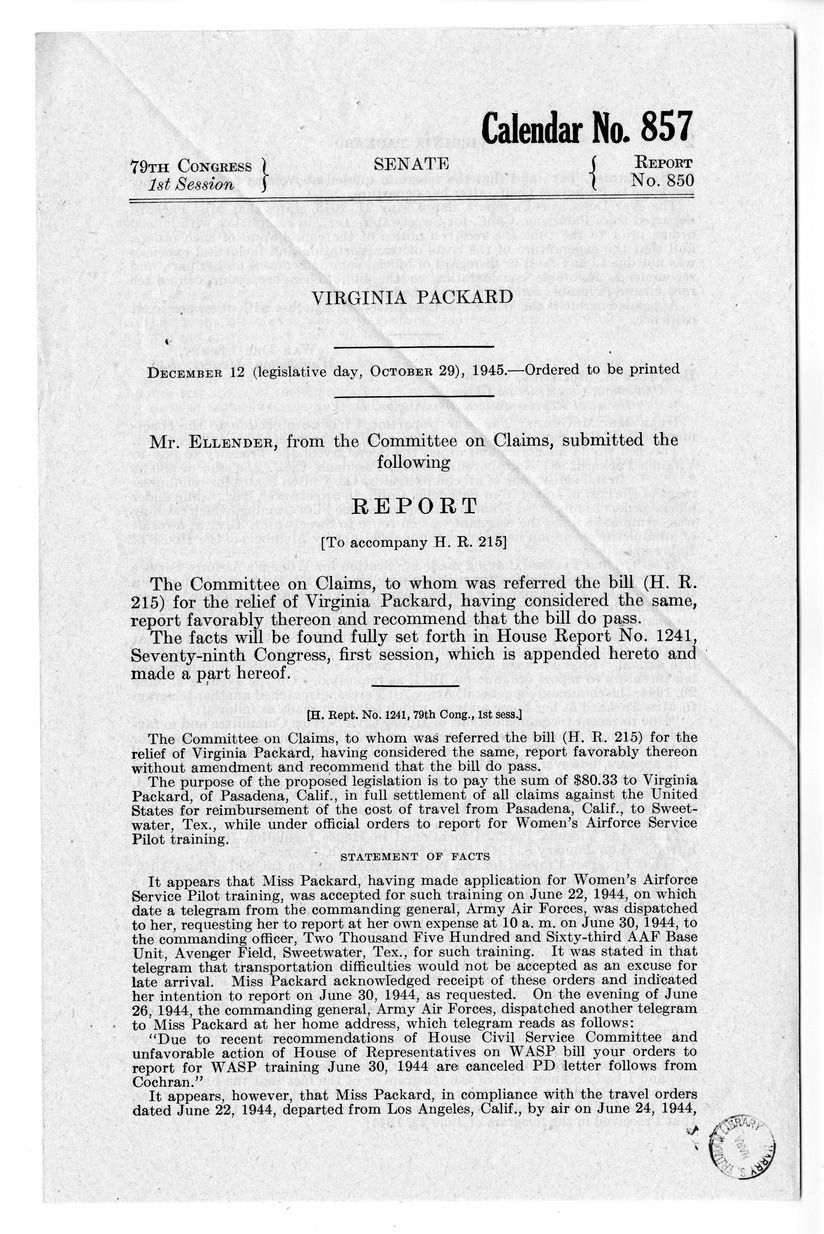 Memorandum from Frederick J. Bailey to M. C. Latta, H.R. 215, For the Relief of Virginia Packard, with Attachments