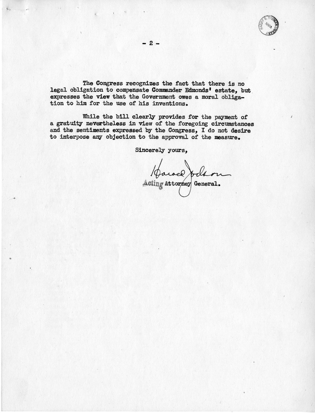 Memorandum from Harold D. Smith to M. C. Latta, H. R. 873, For the Relief of Mrs. Bessie S. Edmonds, with Attachments