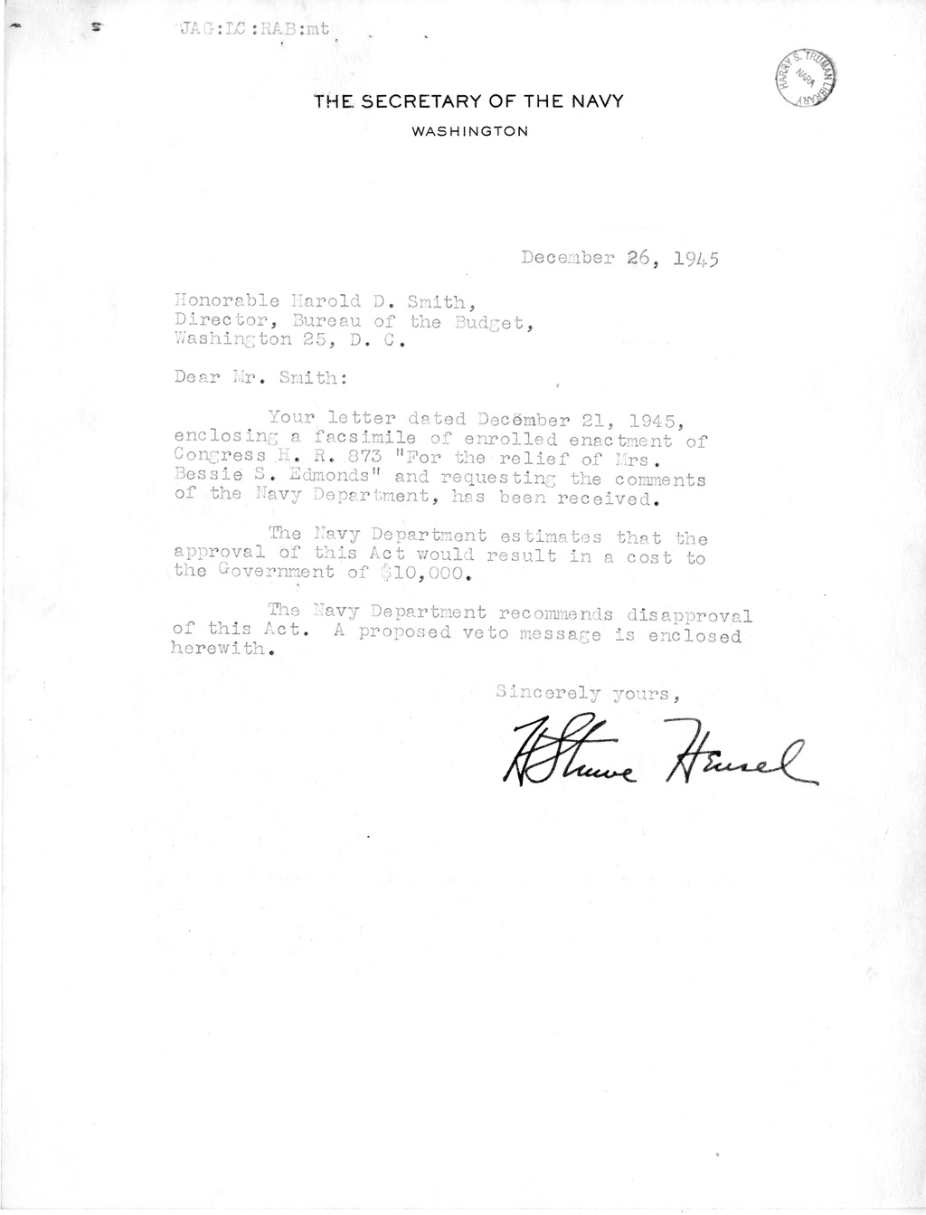 Memorandum from Harold D. Smith to M. C. Latta, H. R. 873, For the Relief of Mrs. Bessie S. Edmonds, with Attachments