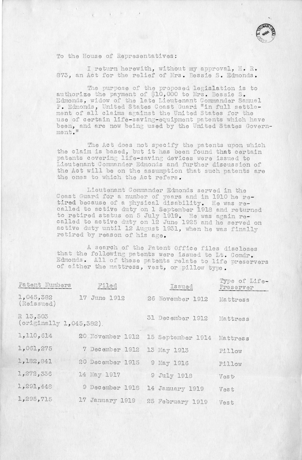 Memorandum from Harold D. Smith to M. C. Latta, H. R. 873, For the Relief of Mrs. Bessie S. Edmonds, with Attachments