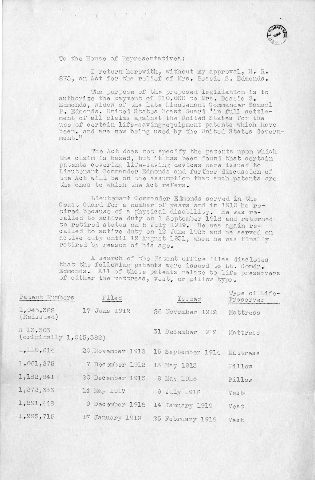 Memorandum from Harold D. Smith to M. C. Latta, H. R. 873, For the Relief of Mrs. Bessie S. Edmonds, with Attachments