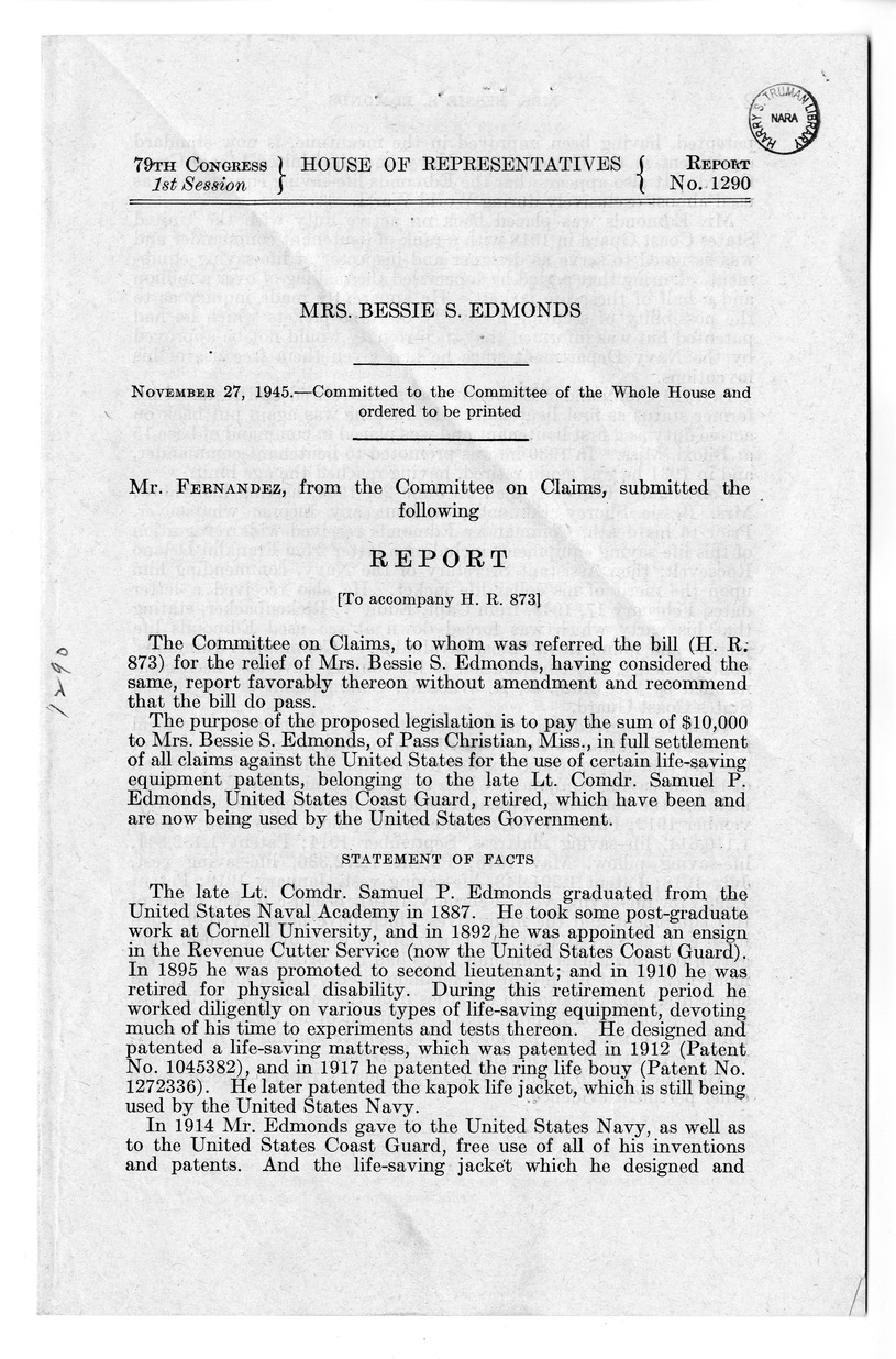 Memorandum from Harold D. Smith to M. C. Latta, H. R. 873, For the Relief of Mrs. Bessie S. Edmonds, with Attachments