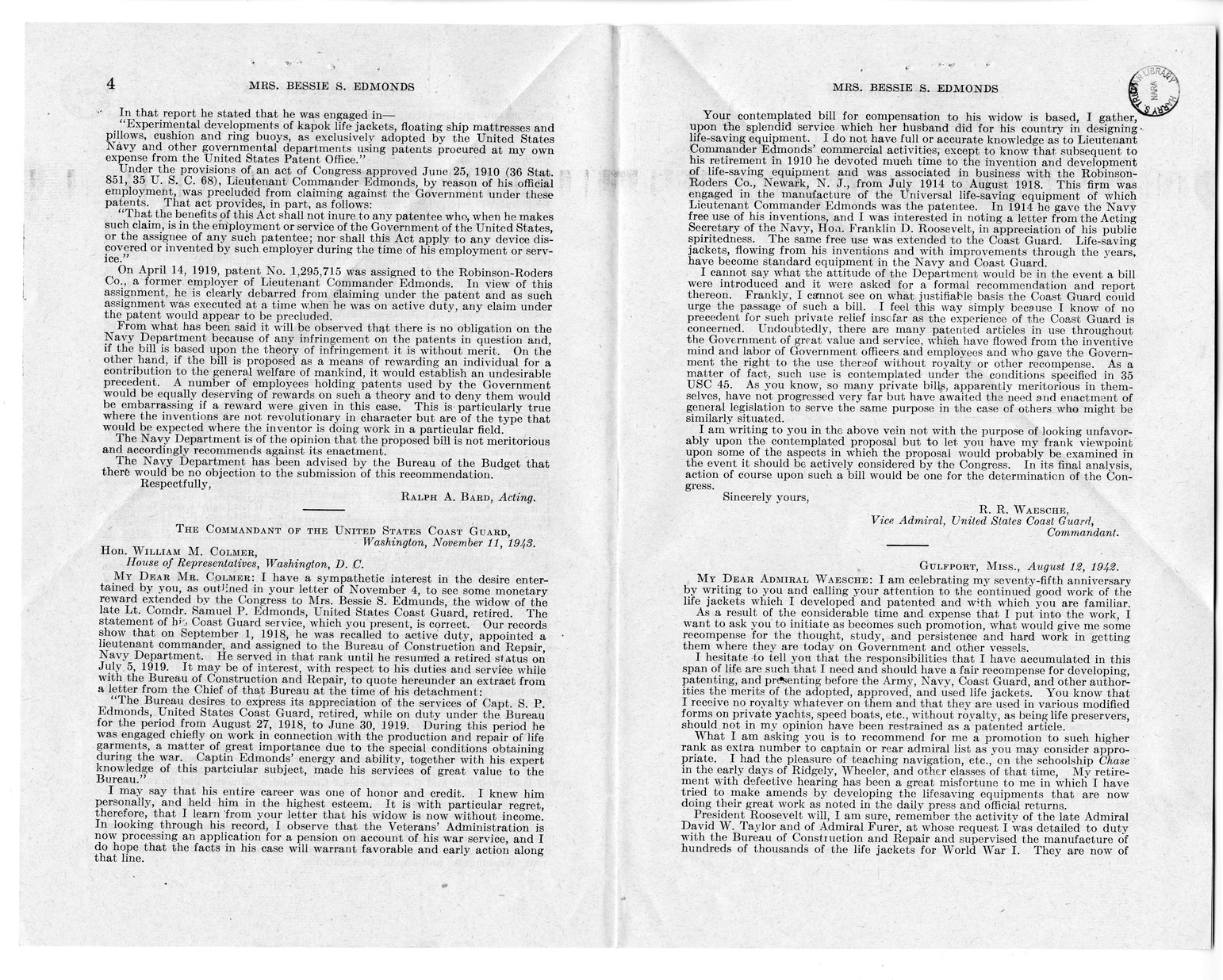 Memorandum from Harold D. Smith to M. C. Latta, H. R. 873, For the Relief of Mrs. Bessie S. Edmonds, with Attachments