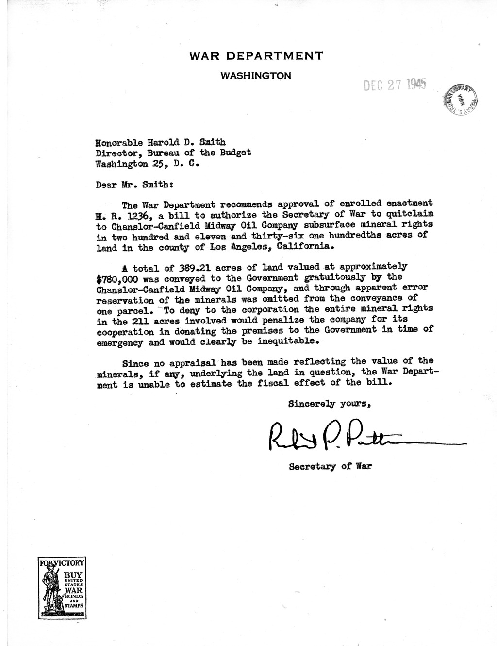 Memorandum from Harold D. Smith to M. C. Latta, H. R. 1236, To Authorize the Secretary of War to Quitclaim to Chanslor-Canfield Midway Oil Company Subsurface Mineral and Water Rights in Two Hundred and Eleven and Thirty-six One-Hundredths Acres of Land in the County of Los Angeles, California, with Attachments