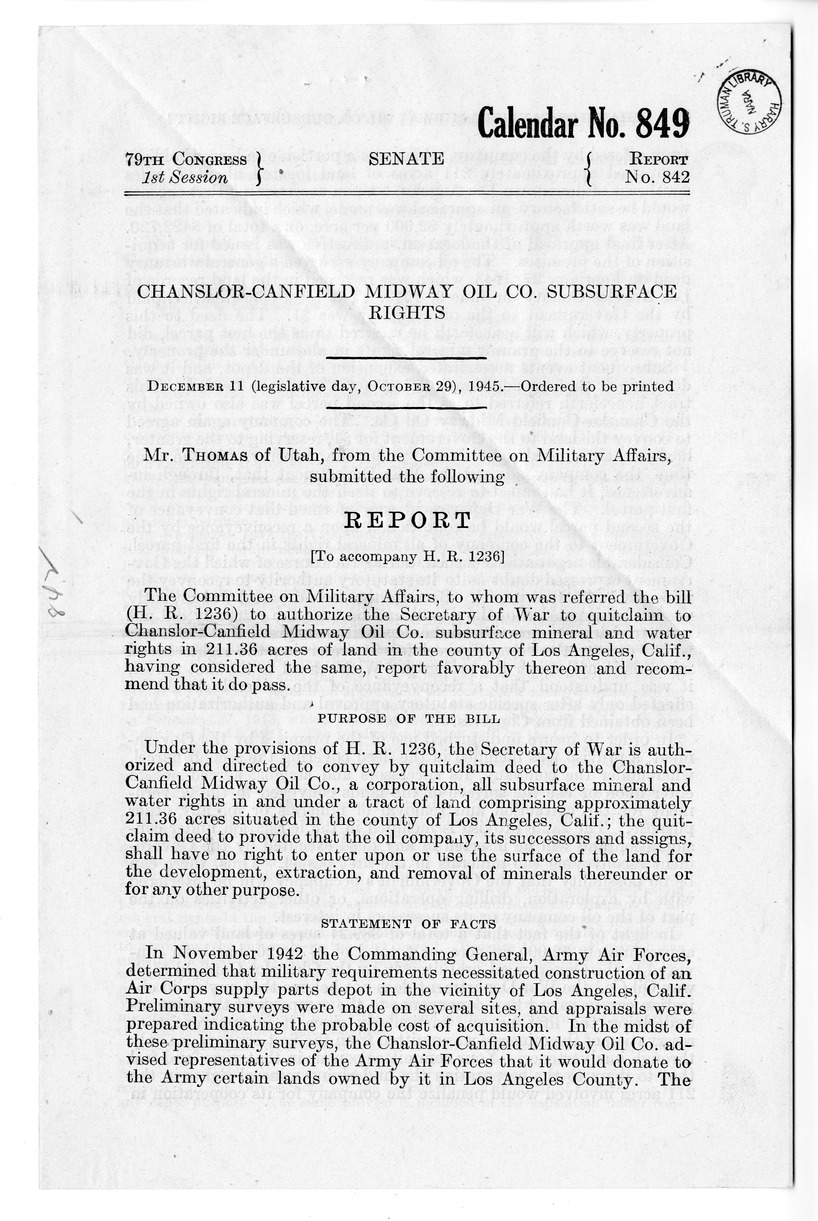 Memorandum from Harold D. Smith to M. C. Latta, H. R. 1236, To Authorize the Secretary of War to Quitclaim to Chanslor-Canfield Midway Oil Company Subsurface Mineral and Water Rights in Two Hundred and Eleven and Thirty-six One-Hundredths Acres of Land in the County of Los Angeles, California, with Attachments