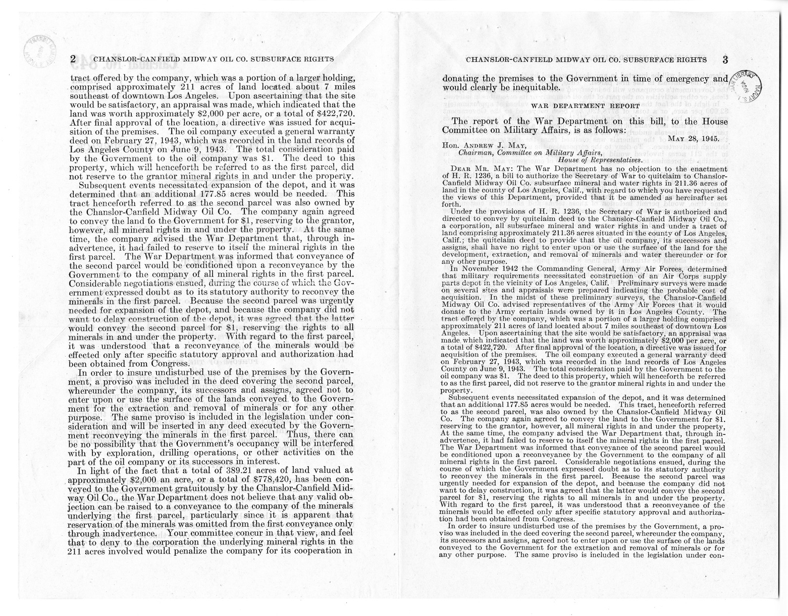 Memorandum from Harold D. Smith to M. C. Latta, H. R. 1236, To Authorize the Secretary of War to Quitclaim to Chanslor-Canfield Midway Oil Company Subsurface Mineral and Water Rights in Two Hundred and Eleven and Thirty-six One-Hundredths Acres of Land in the County of Los Angeles, California, with Attachments