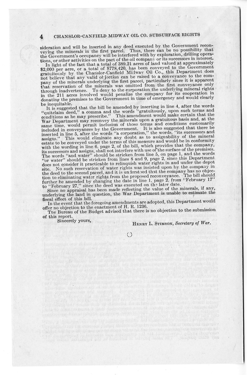 Memorandum from Harold D. Smith to M. C. Latta, H. R. 1236, To Authorize the Secretary of War to Quitclaim to Chanslor-Canfield Midway Oil Company Subsurface Mineral and Water Rights in Two Hundred and Eleven and Thirty-six One-Hundredths Acres of Land in the County of Los Angeles, California, with Attachments