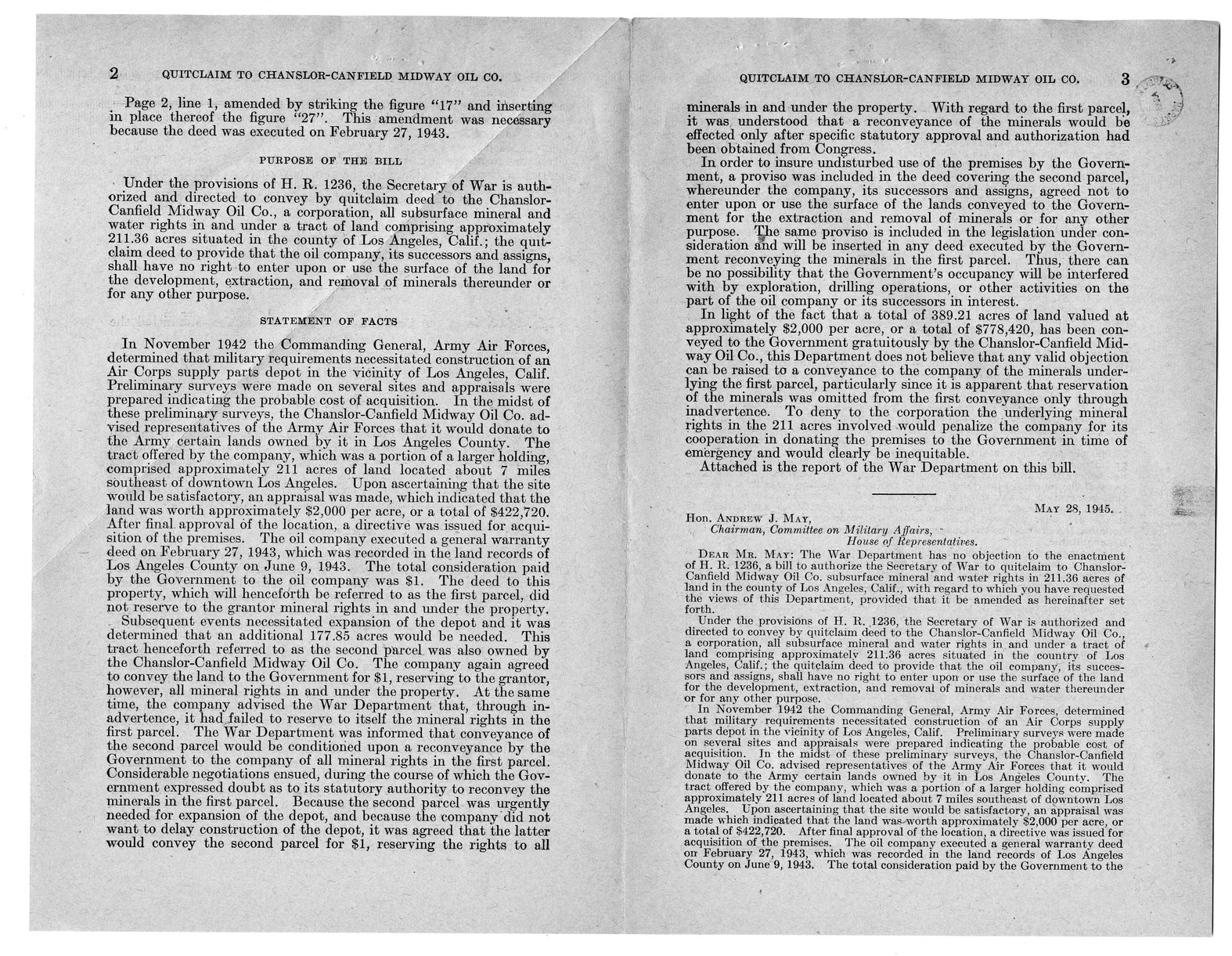 Memorandum from Harold D. Smith to M. C. Latta, H. R. 1236, To Authorize the Secretary of War to Quitclaim to Chanslor-Canfield Midway Oil Company Subsurface Mineral and Water Rights in Two Hundred and Eleven and Thirty-six One-Hundredths Acres of Land in the County of Los Angeles, California, with Attachments